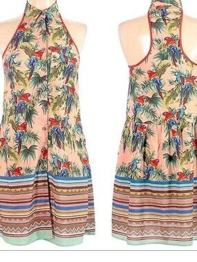 Anthropologie Dream Daily Tropical Parrot Palm Tree Racerback Mini Dress Size S